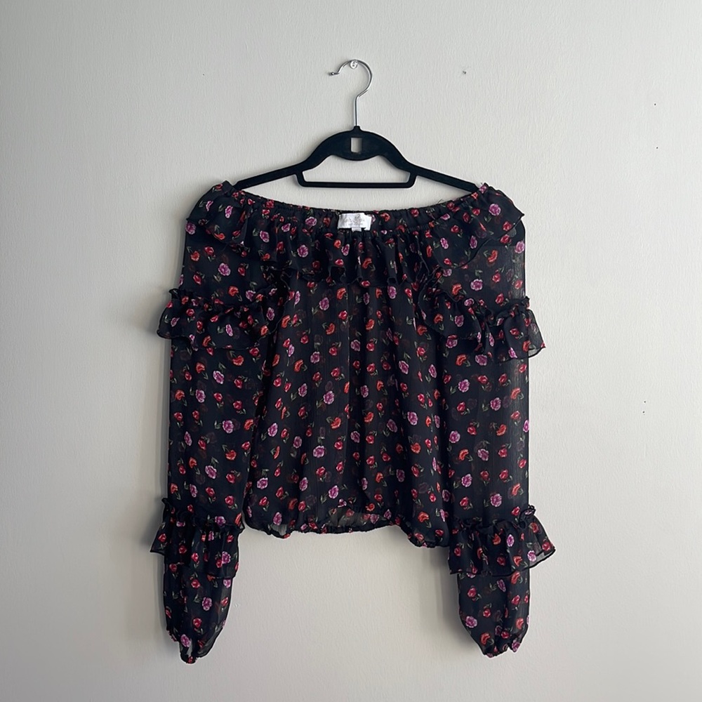 Love & Peace. Sheer floral black off the shoulder crop top. Flowy. Size XS.